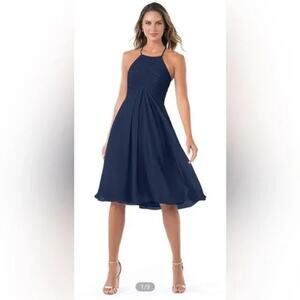 New Azazie Adriana Dark Navy Blue Keyhole Back Shift Length Bridesmaid Dress